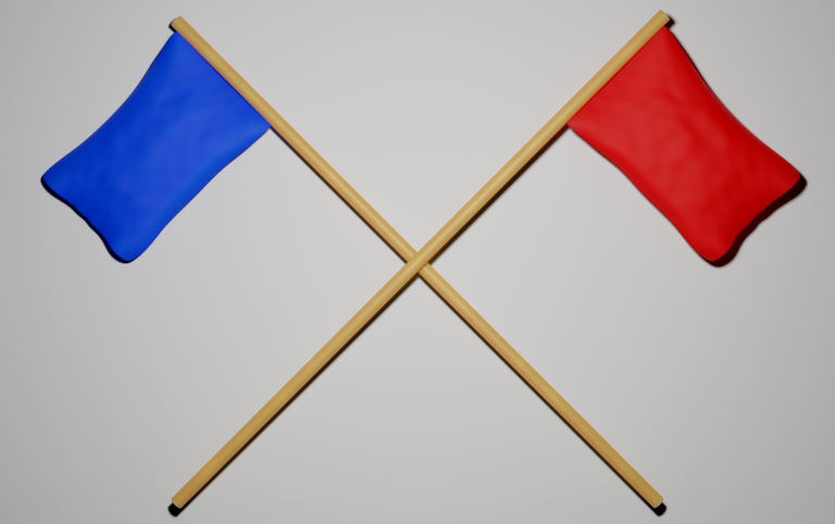 A photograph of two crossed flags, blue (left) with red (right) on top.
